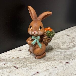 Brown Bunny Figurine with Mint Bow and Orange Carrots